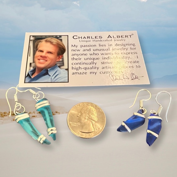 Aqua Blue and Cobalt Blue Pompano Beach Glass Freeform Pierced Earrings - Picture 4 of 4